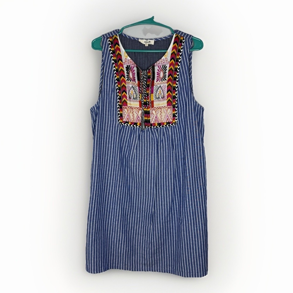 Entro Dress L Blue Stripe Embroidered Boho Sleeveless Cotton‎ Lined Festival